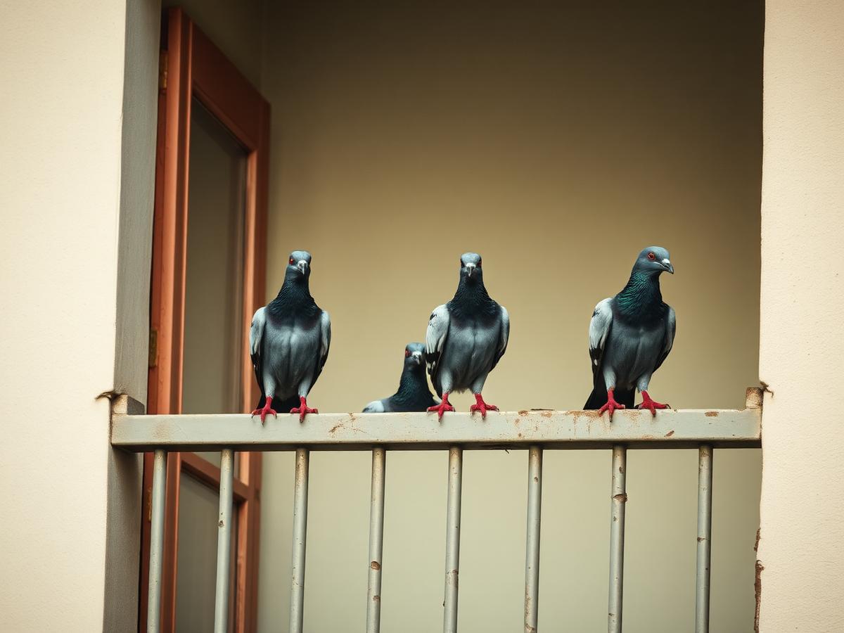 Pigeons sitting on an unprotected balcony railing